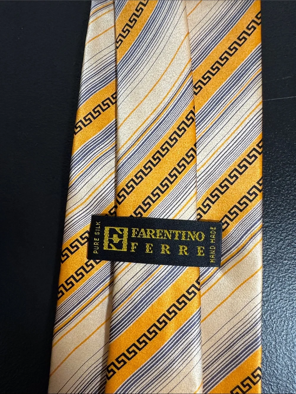 Farentino Ferre mens orange geo stripe 100% silk luxury Italian neck tie EUC